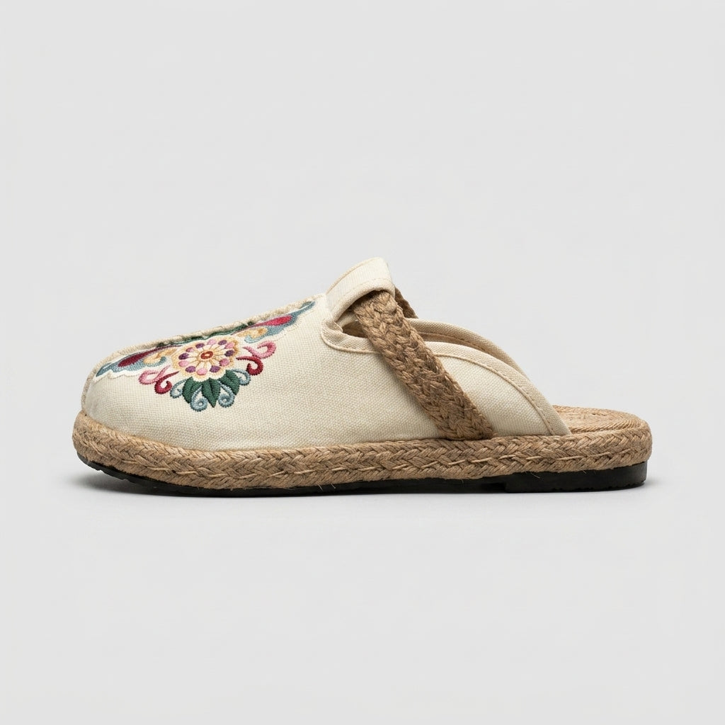 Women's Embroidered Slip-On Mules with Flat Espadrille Sole