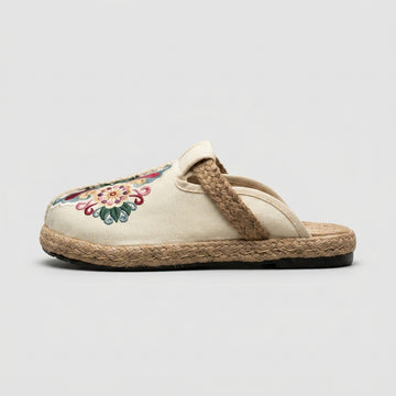 Women's Embroidered Slip-On Mules with Flat Espadrille Sole
