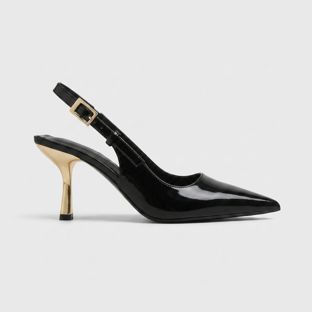 Women's Glossy Cutout Slingback Heels Patent Pointed-Toe Flared-Heel Pumps