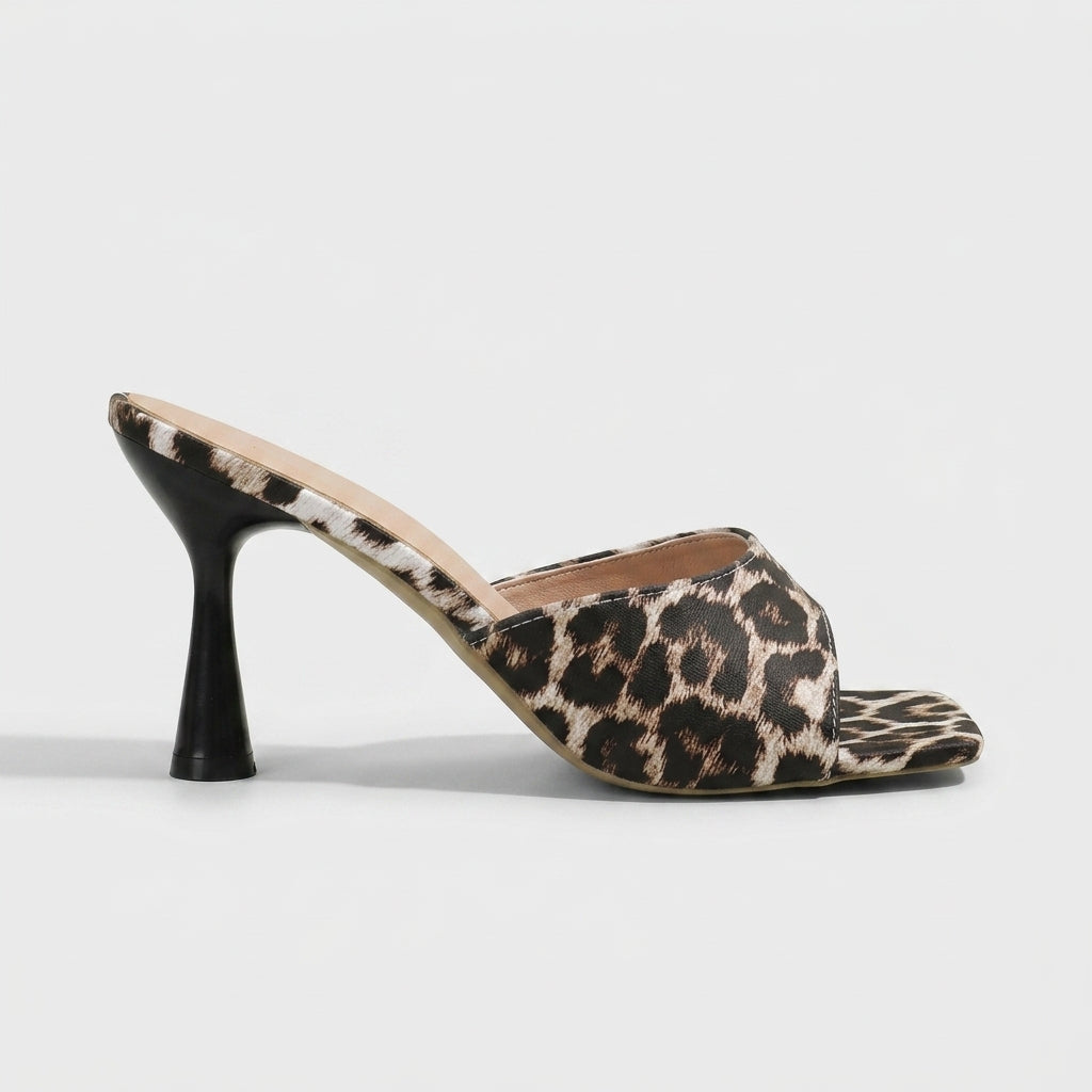 Women's Animal Print Square Toe Slide Heels with Flared Stiletto