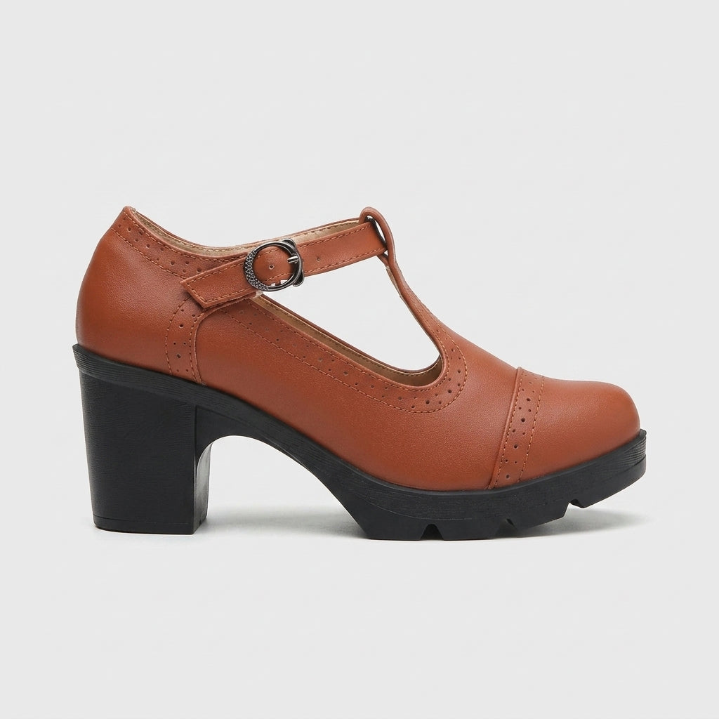 Women's Mary Jane Heels T-Strap Brogue Block Heel Buckle Closure