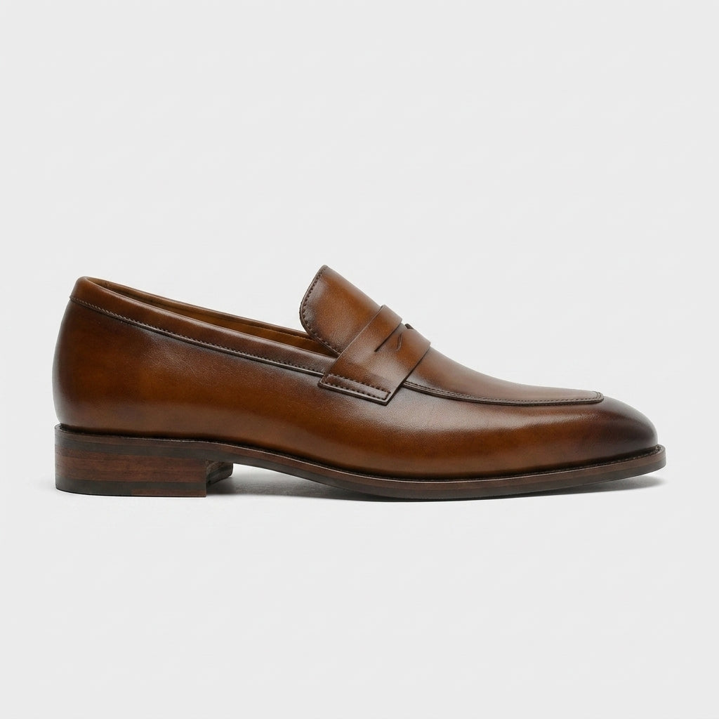 Men's Penny Loafers Leather Slip-On Low Block Heel Almond Toe