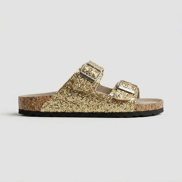 Women's Sandals Flat Double-Buckle Glitter Slide Open Toe