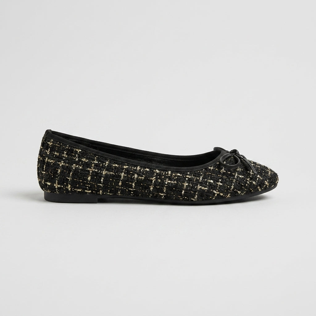 Women's Tweed Ballet Flats with Square Toe and Bow Detail Slip-On