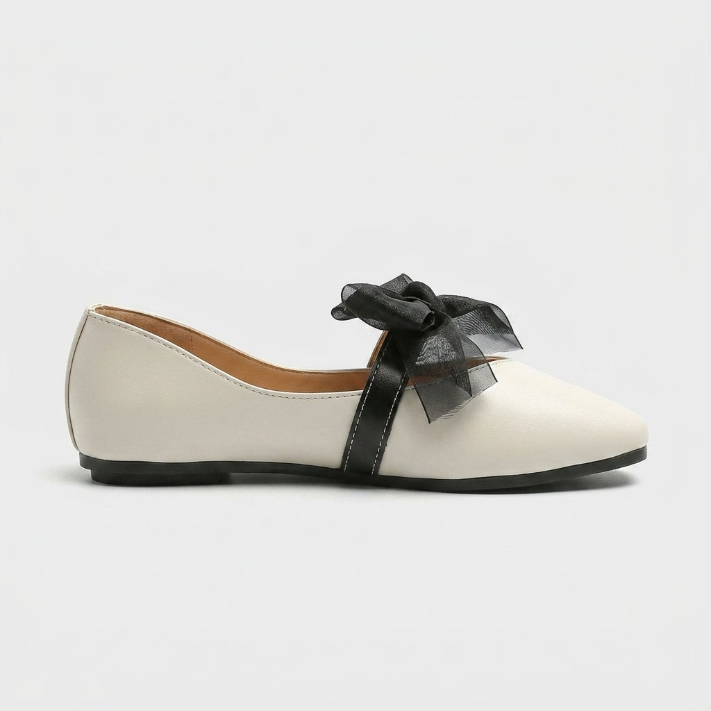 Women's Square Toe Ballet Flats with Mesh Bow and Contrast Strap Detail
