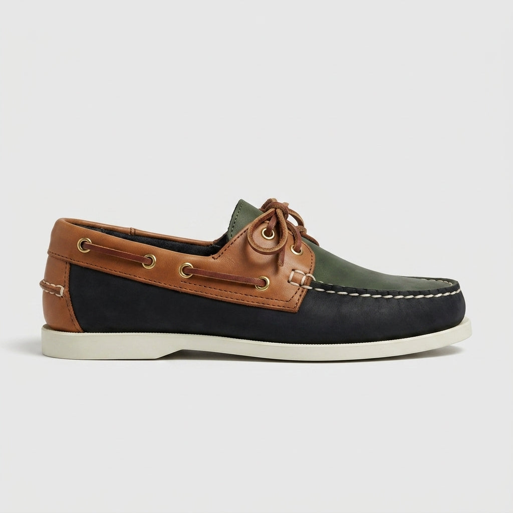 Men's Leather Lace-Up Boat Shoes - Moccasin Toe - Two-Tone Leather