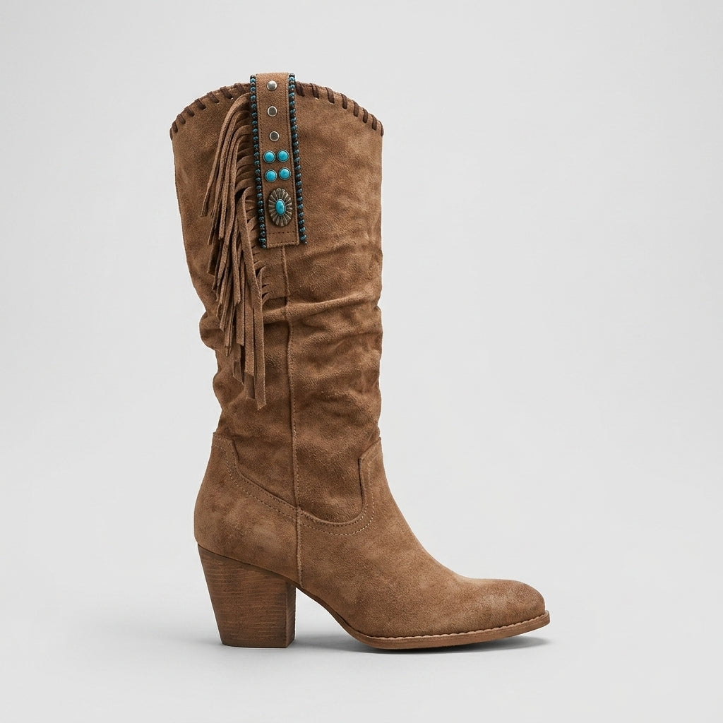 Women's Knee High Boots - Fringe Detail - Block Heel - Suede