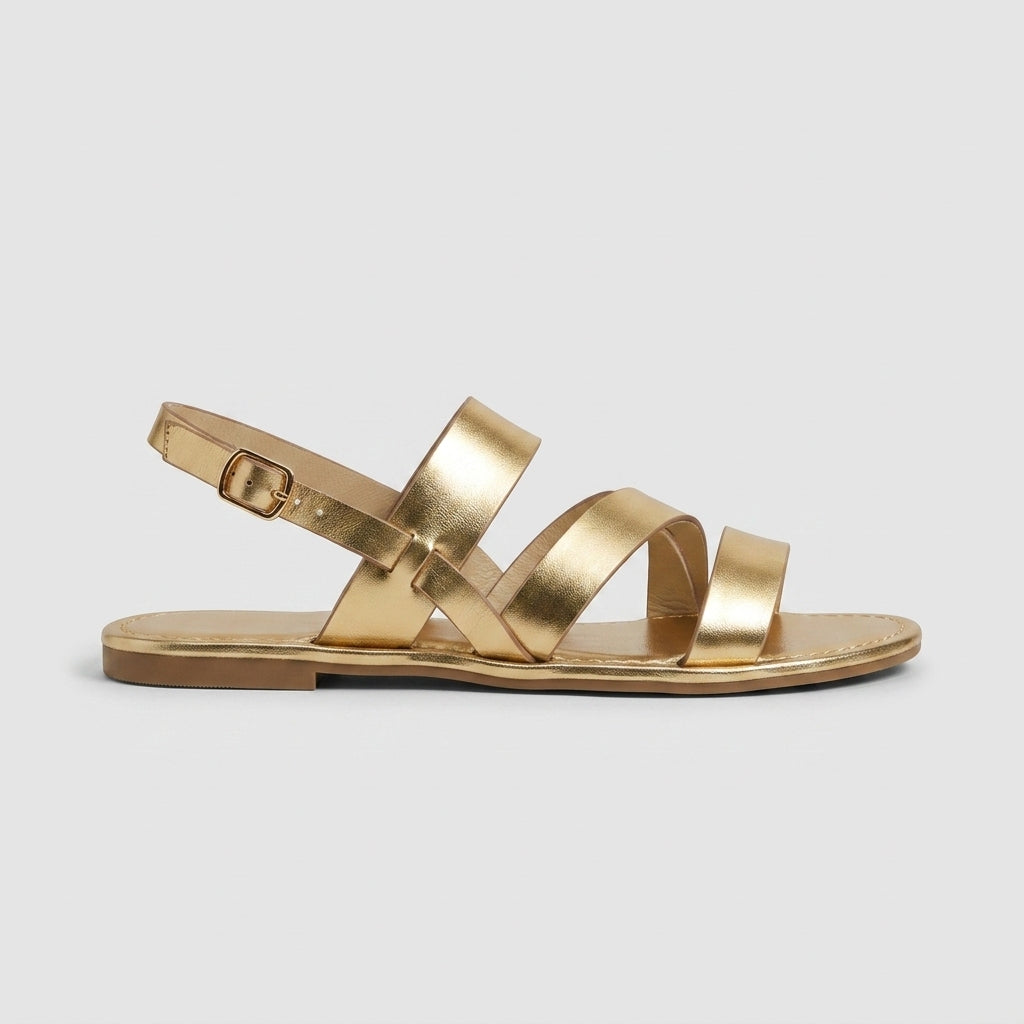 Women's Multi-Strappy Flat Sandals - Open Toe - Ankle Buckle - Contrast Stitch