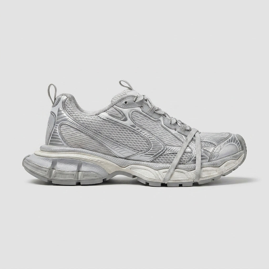 Women's Chunky Lace-Up Sneakers with Layered Mesh and Segmented Sole
