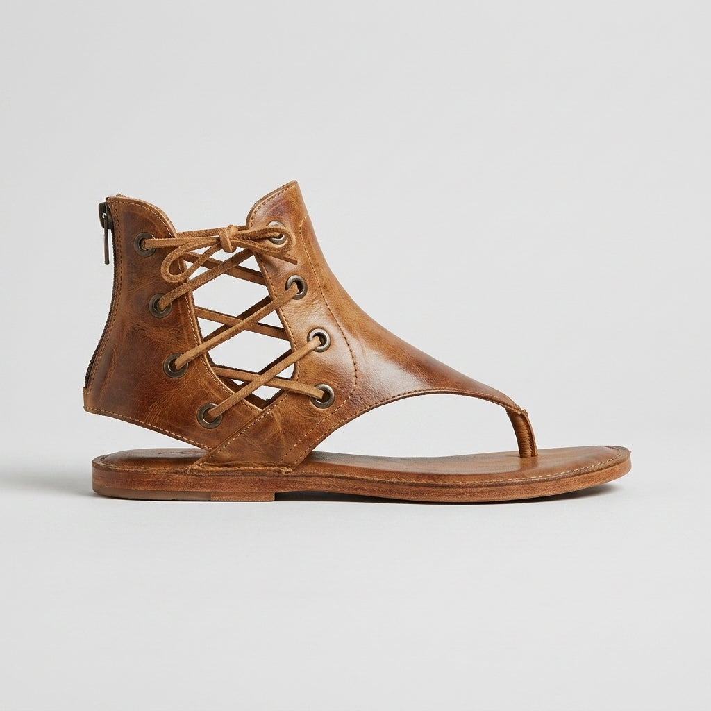 Women's Cowboy Thong Sandals with Lace-Up Ankle Cuff and Back Zip