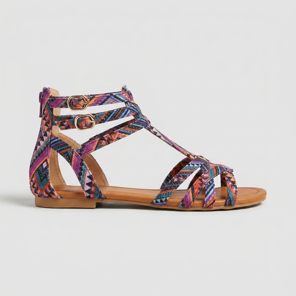 Women's Flat Sandals T-Strap Open Toe Printed Fabric Upper