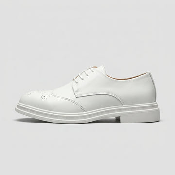Men's White Brogue Oxford Shoes - Lace-Up Wingtip Derby Low Heel Sole