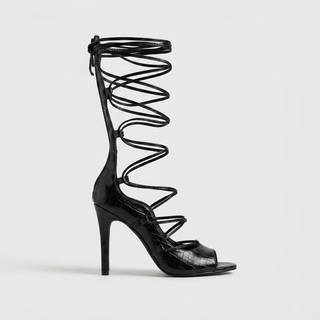 Women's Lace-Up Knee-High Strappy Gladiator Heels - Black