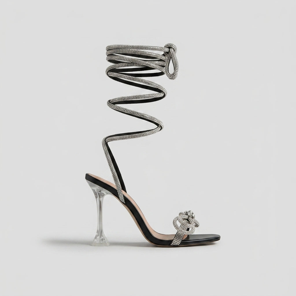 Women's Rhinestone Knee-High Lace-Up Heels - Open-Toe Clear Block