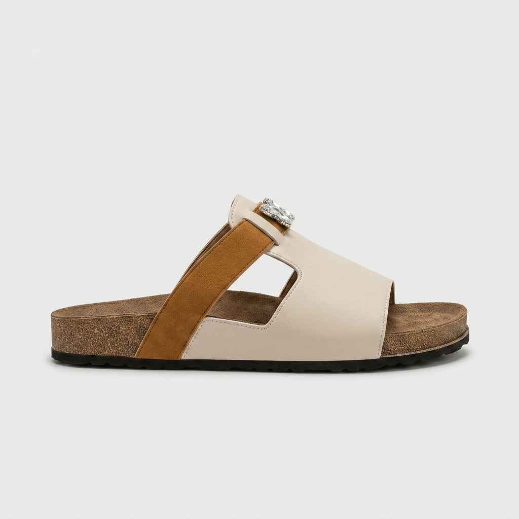 Women's Open Toe Slide Sandals with Two-Tone Strap and Butterfly Charm