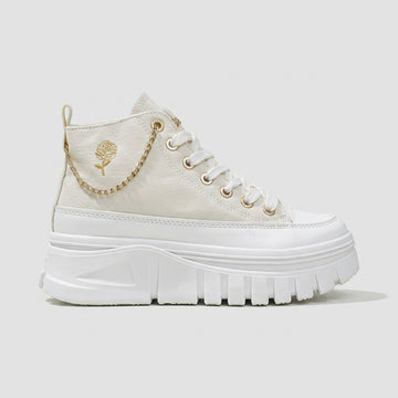 Women’s High-Top Sneakers with Rounded Toe - Lace-Up - Platform Sole - Chain Detail