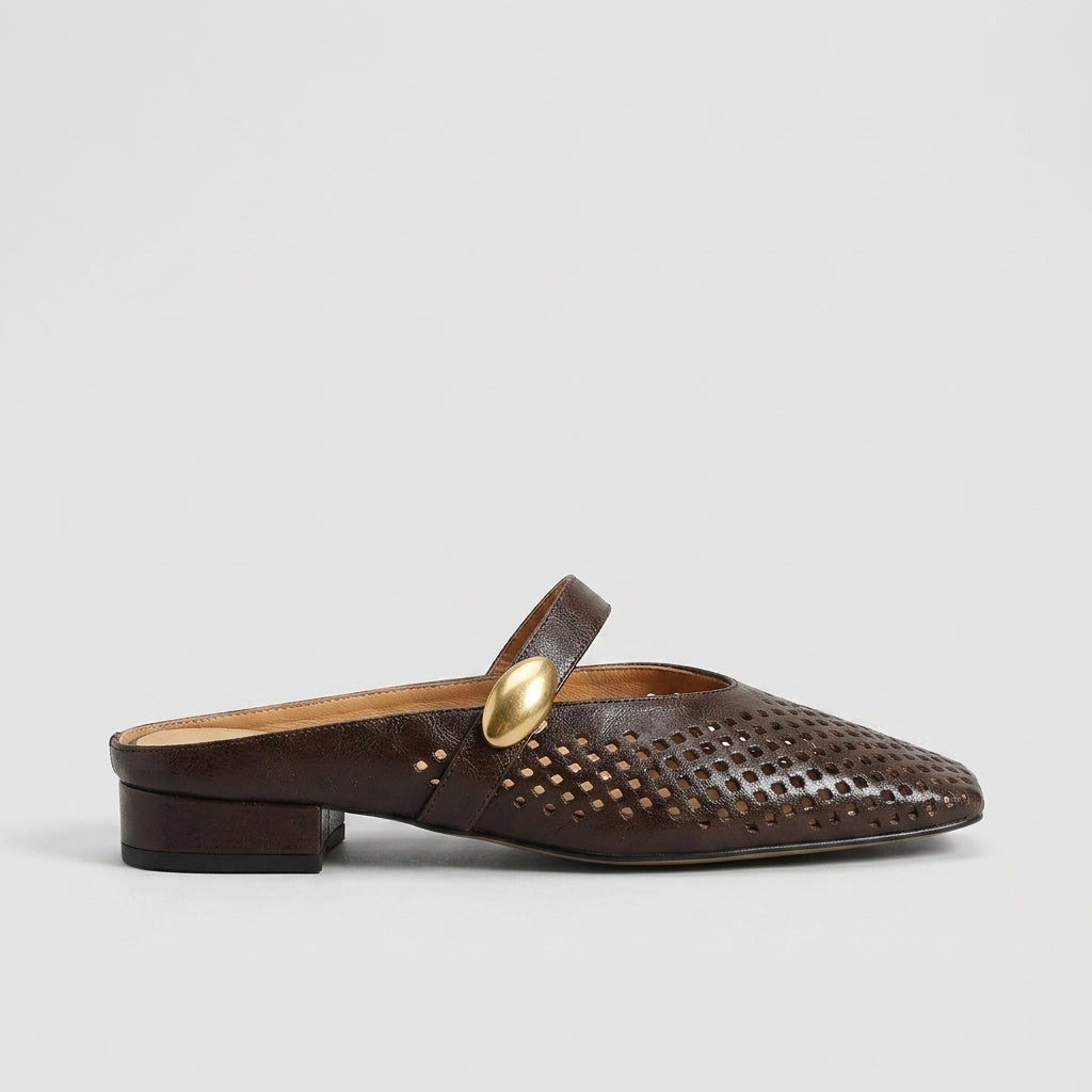 Women's Leather Flats - Mary Jane Mesh Mules - Square Toe - Backless