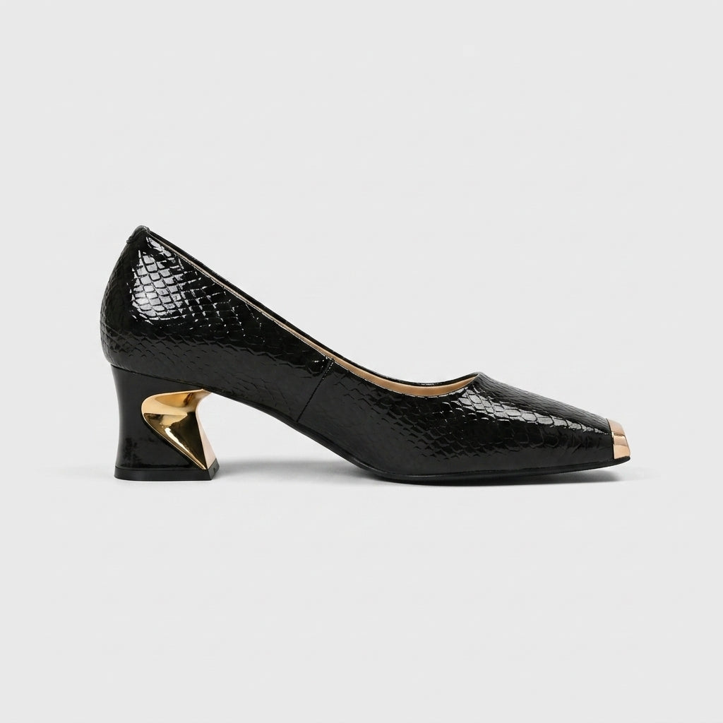 Women's Croc-Embossed Slip-On Pumps with Metal Cap Toe and Sculpted Heel
