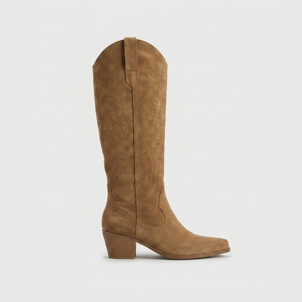 Women's Knee High Boots - Block Heel - Western Stitch Detail