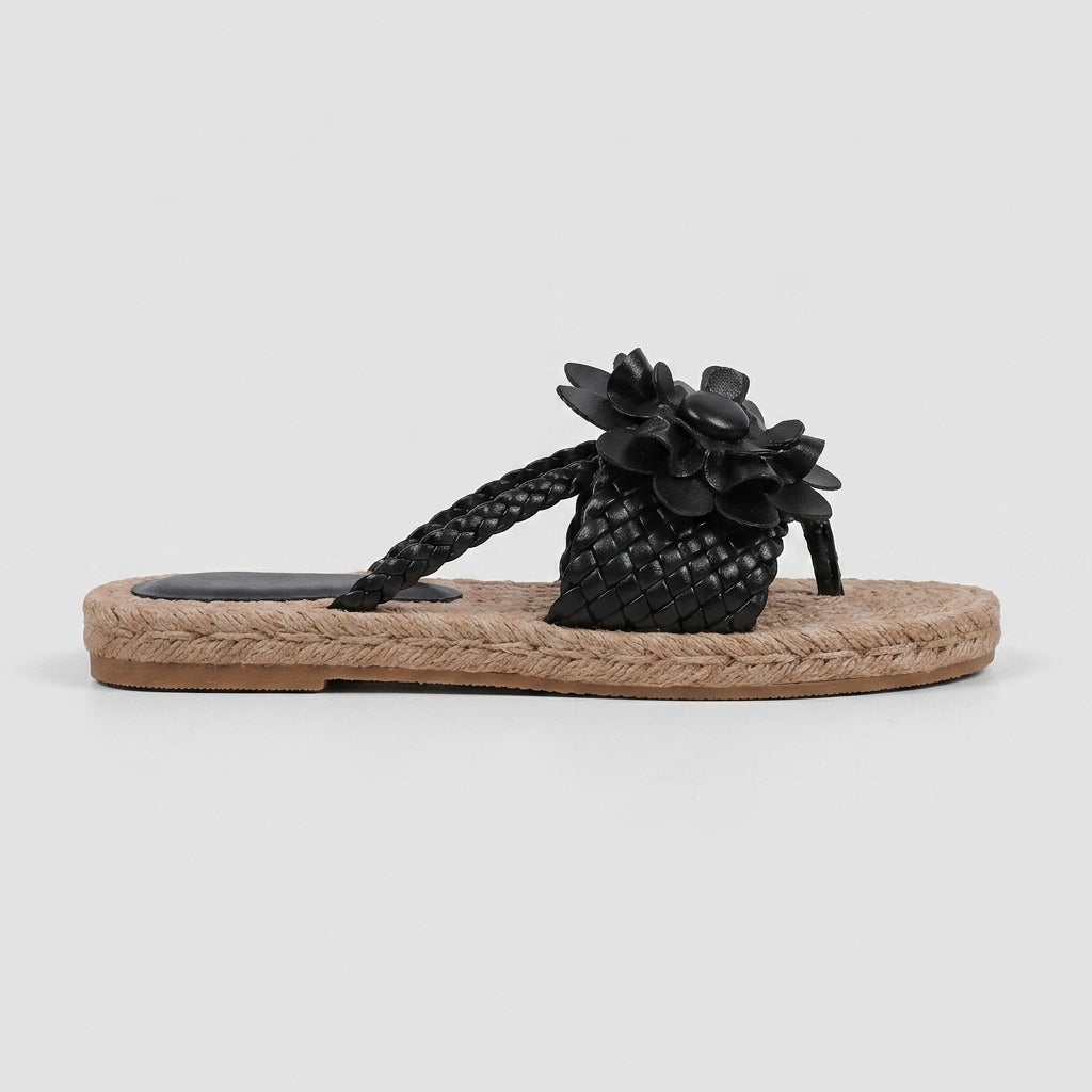 Women's Braided Flower Appliqué Flat Sandals - Open Toe - Slip-On