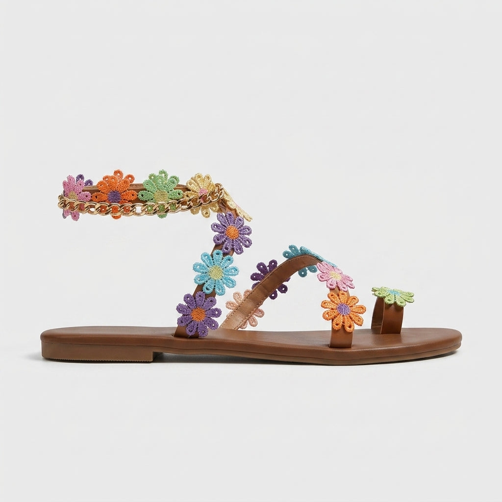 Women's Flat Toe Ring Sandals with Floral Appliqué Ankle Strap Detail