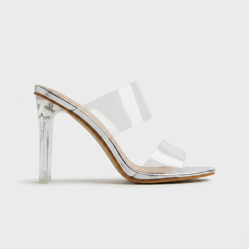 Women's Clear Strap Mule Sandals with Snake Print Trim
