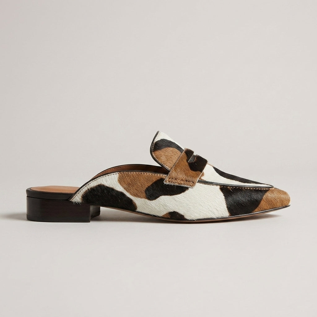Women's Pointed Toe Mule Loafers with Animal Print Panel and Low Heel