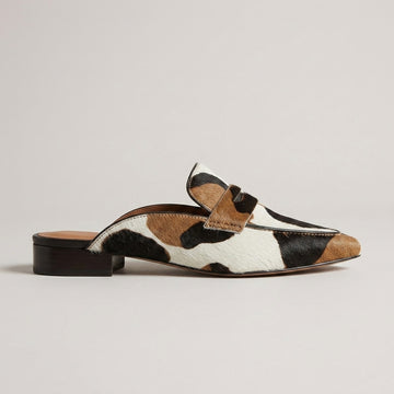 Women's Pointed Toe Mule Loafers with Animal Print Panel and Low Heel