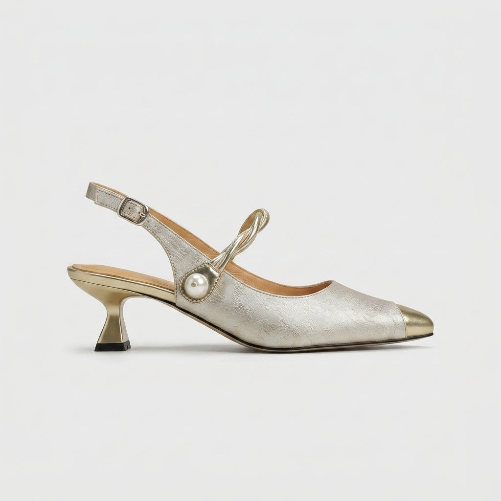 Women's Kitten Heels - Pointed Toe Slingback Pumps with Pearl Strap