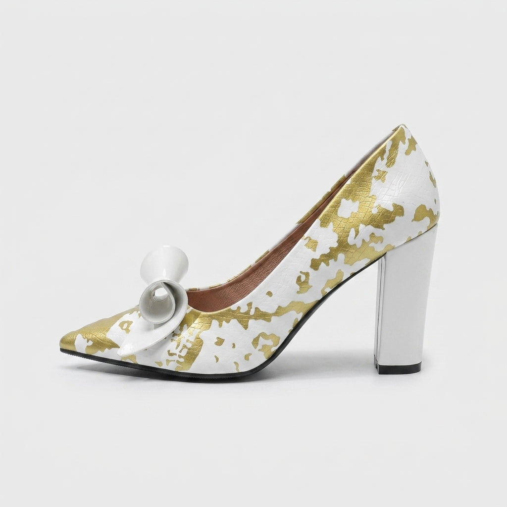 Women's Heels Pointed Toe Crocodile Print Bow Block Heel Pumps