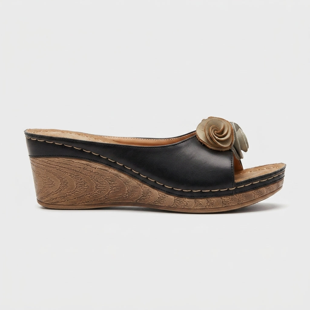 Women's Wedge Sandals Open-Toe Leather Rosette Detail