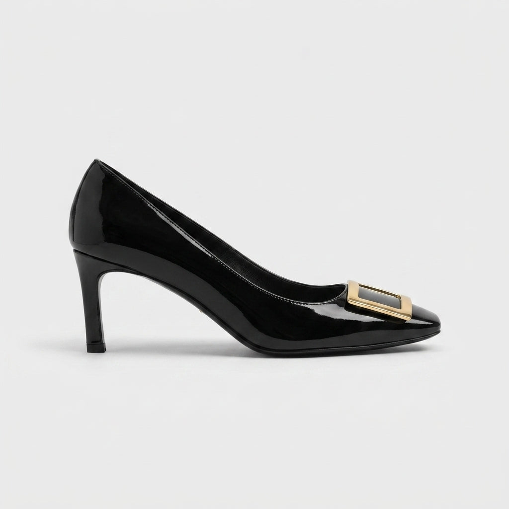 Women's Heels Square Toe Patent Leather Metal Buckle Stiletto