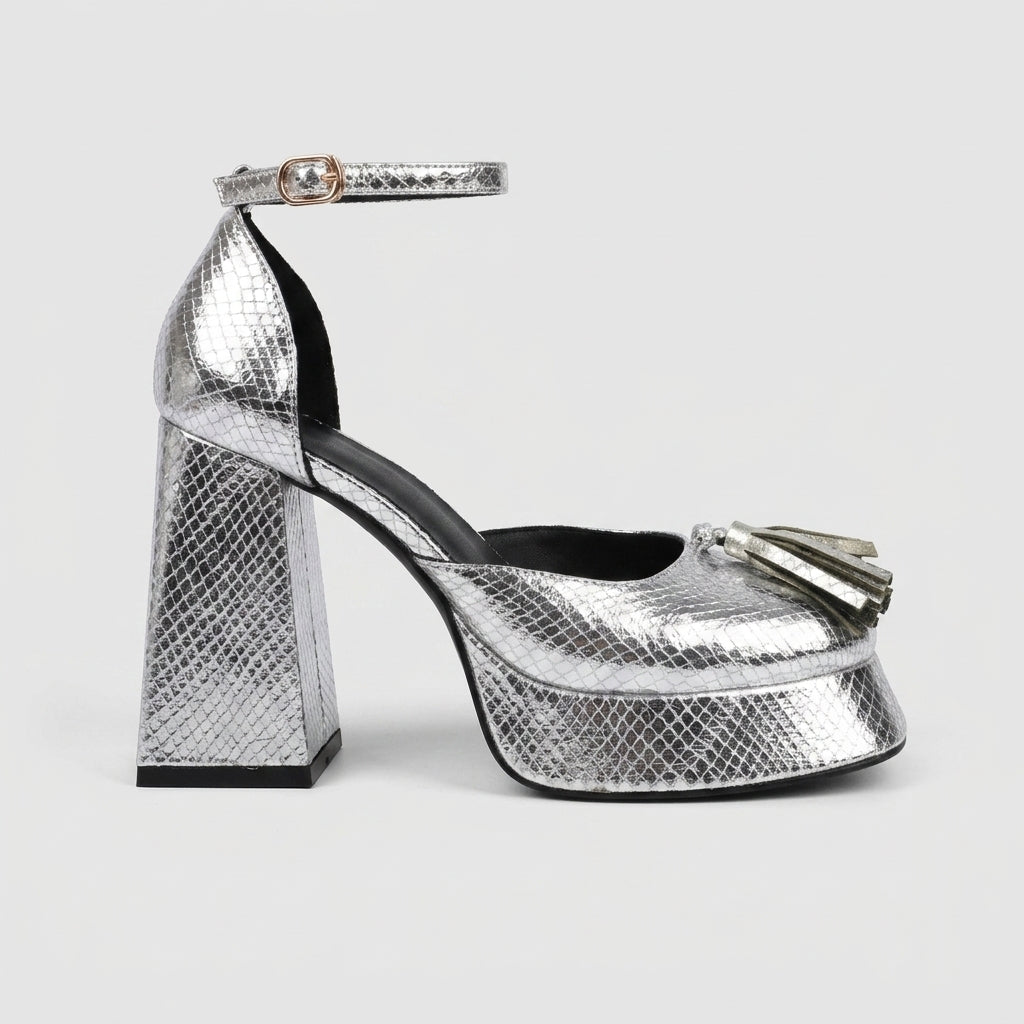 Women's Platform Heels - Block Heel - Ankle Strap - Tassel Detail