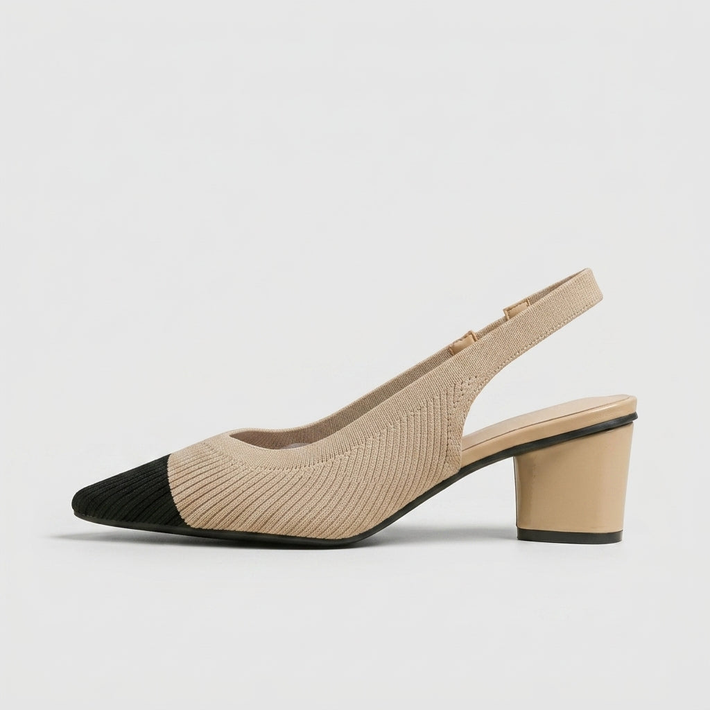 Women's Slingback Heels - Pointed Toe - Block Heel - Knit Upper
