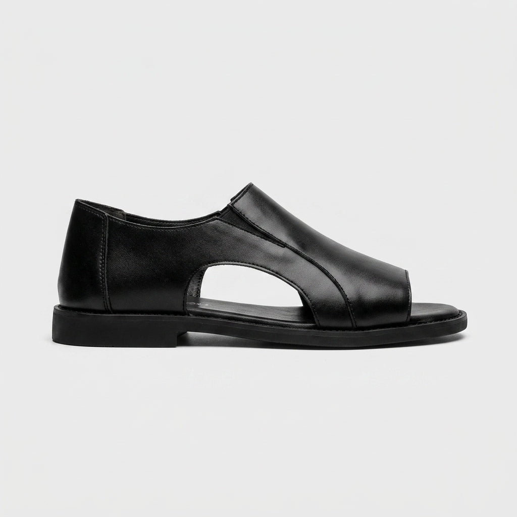 Men's Open Toe Leather Sandals – Cutout Vamp with Ankle Buckle Strappy
