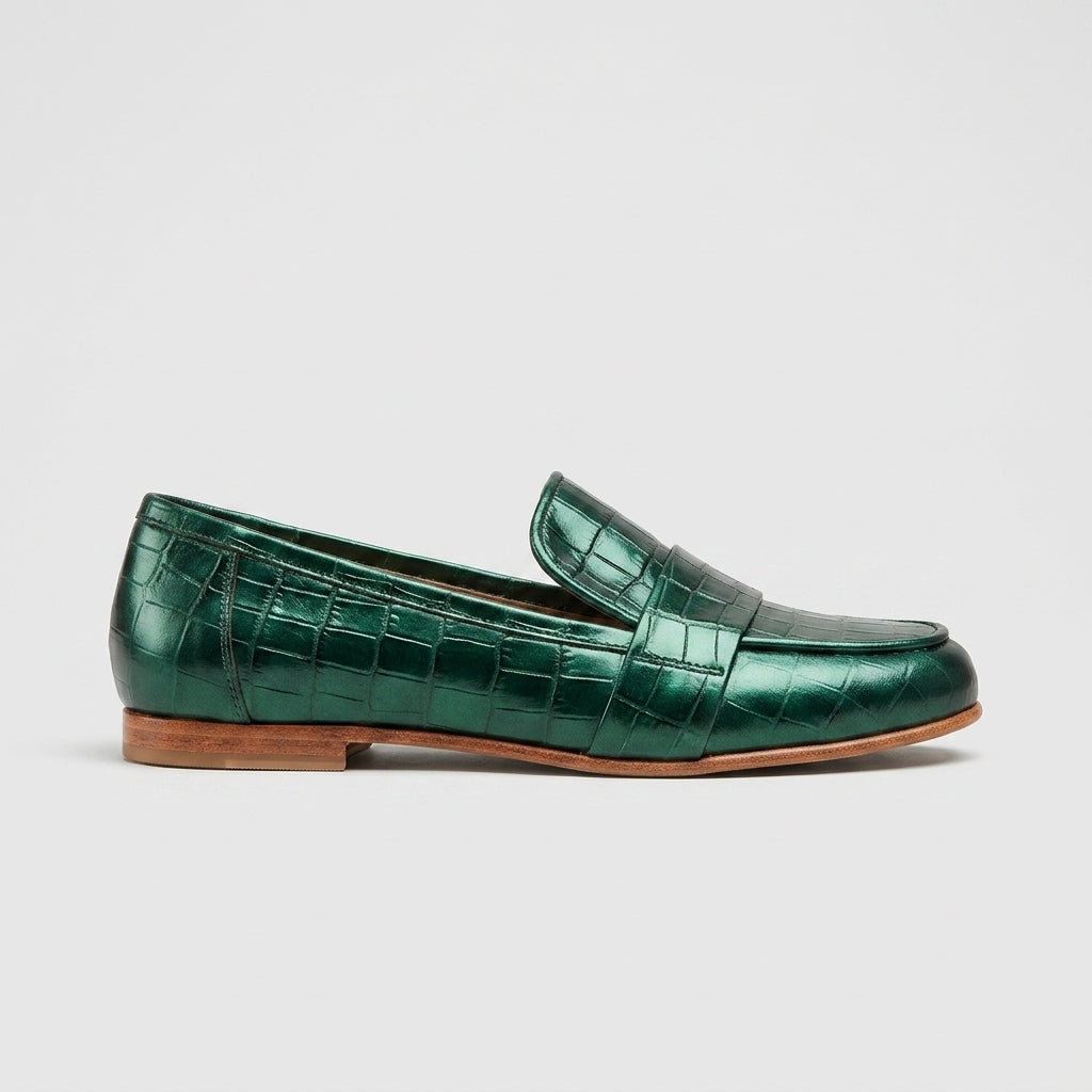 Women's Green Leather Loafers - Penny Loafers - Croc Embossed - Flat