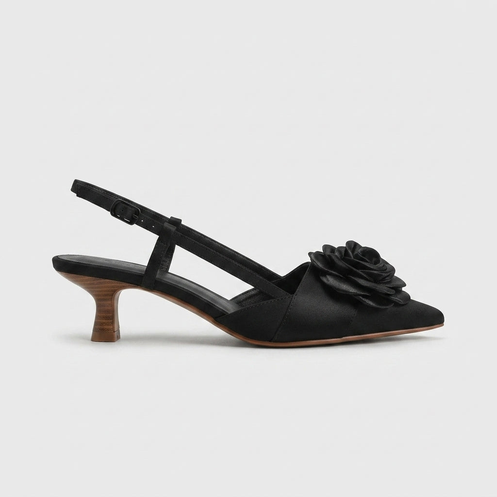 Women's Kitten Heels - Pointed Toe Slingback Pumps - Rosette Vamp Detail