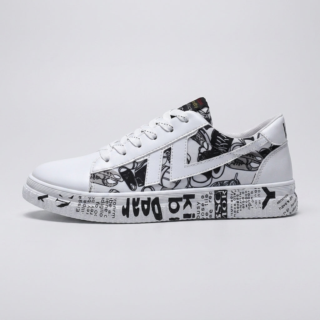 Women's Low-Top Sneakers - Lace-Up - Newspaper Print - Flat Sole