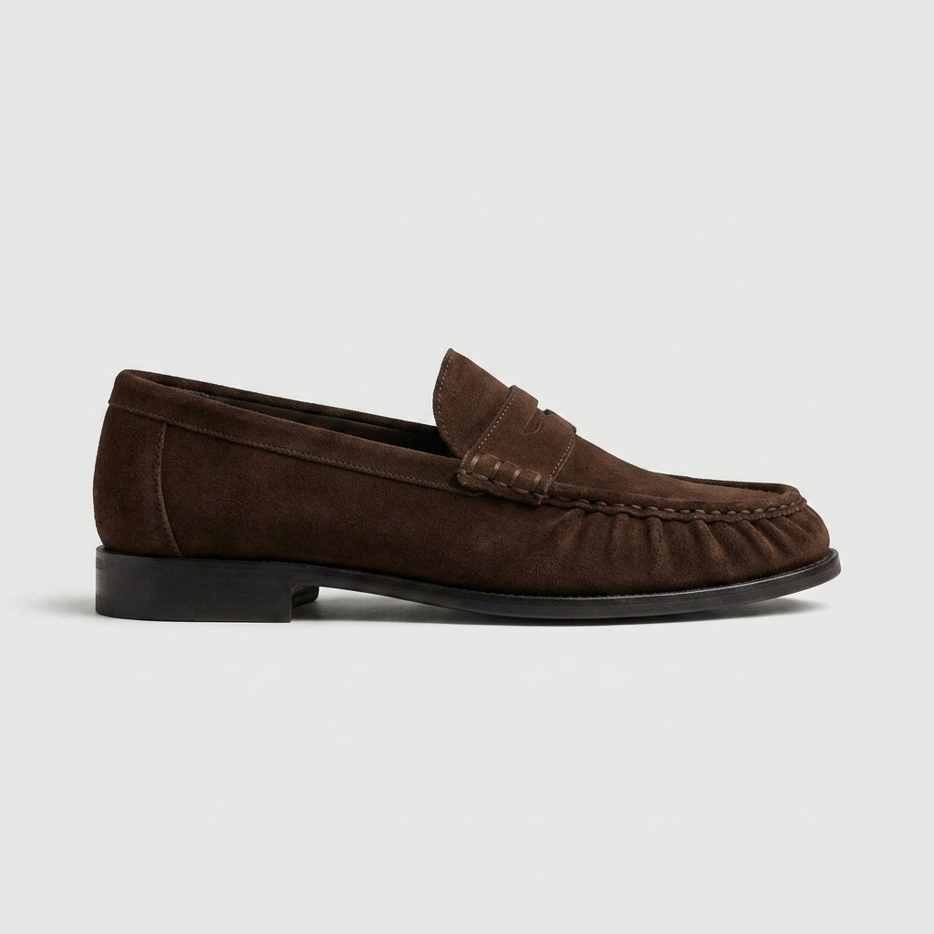 Women's Penny Loafers - Suede - Moccasin Stitching - Slip-On