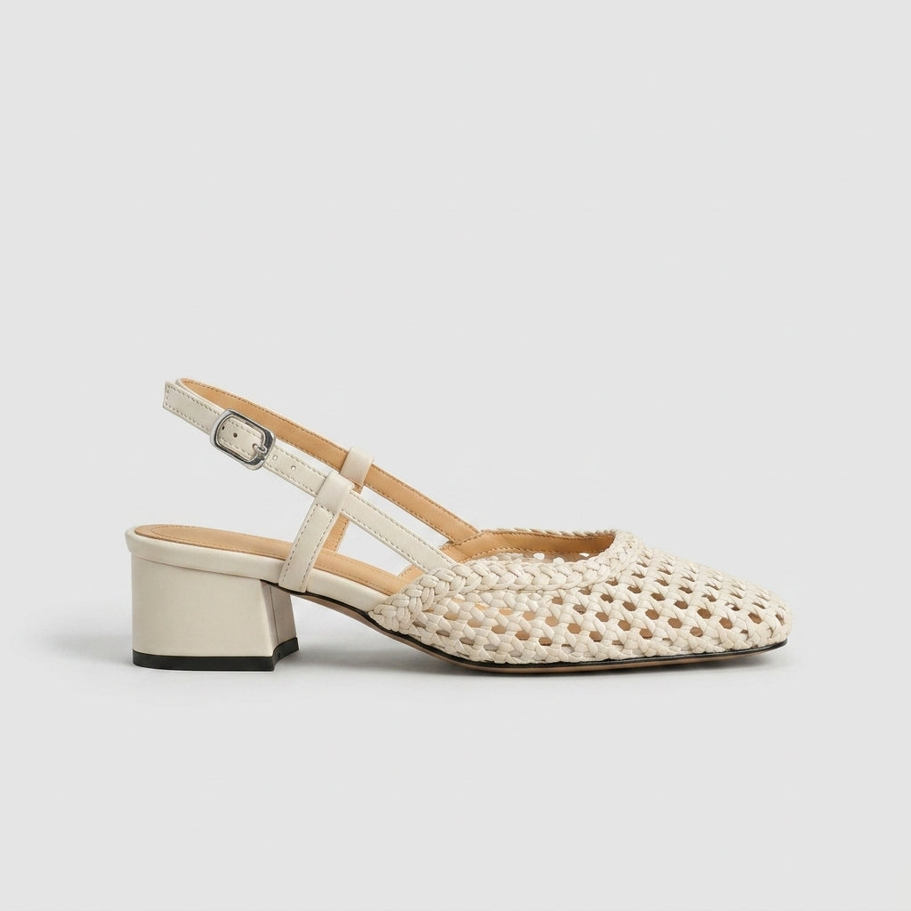 Women's Slingback Heels Woven Mesh Square Toe Low Block Heel