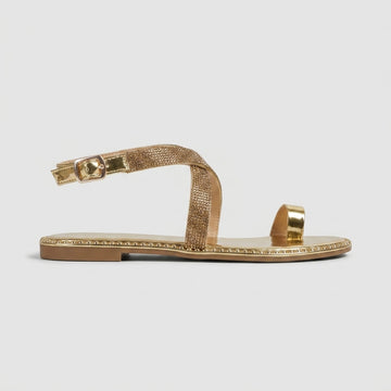Women's Toe Ring Flat Sandals - Crystal Strappy - Ankle Buckle - Metallic