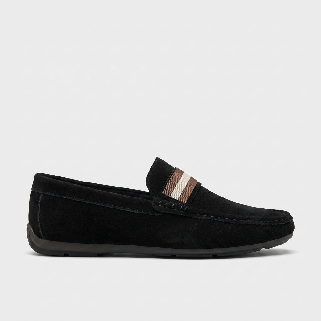 Men's Suede Slip-On Loafers with Moc Toe and Woven Strap Detail
