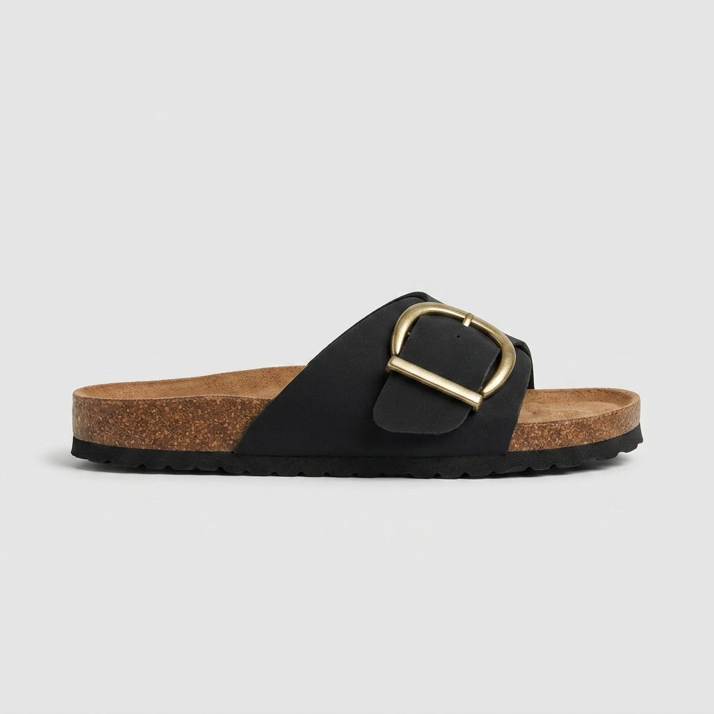 Women's Open Toe Slide Sandals with Oversized Buckle and Cork Footbed