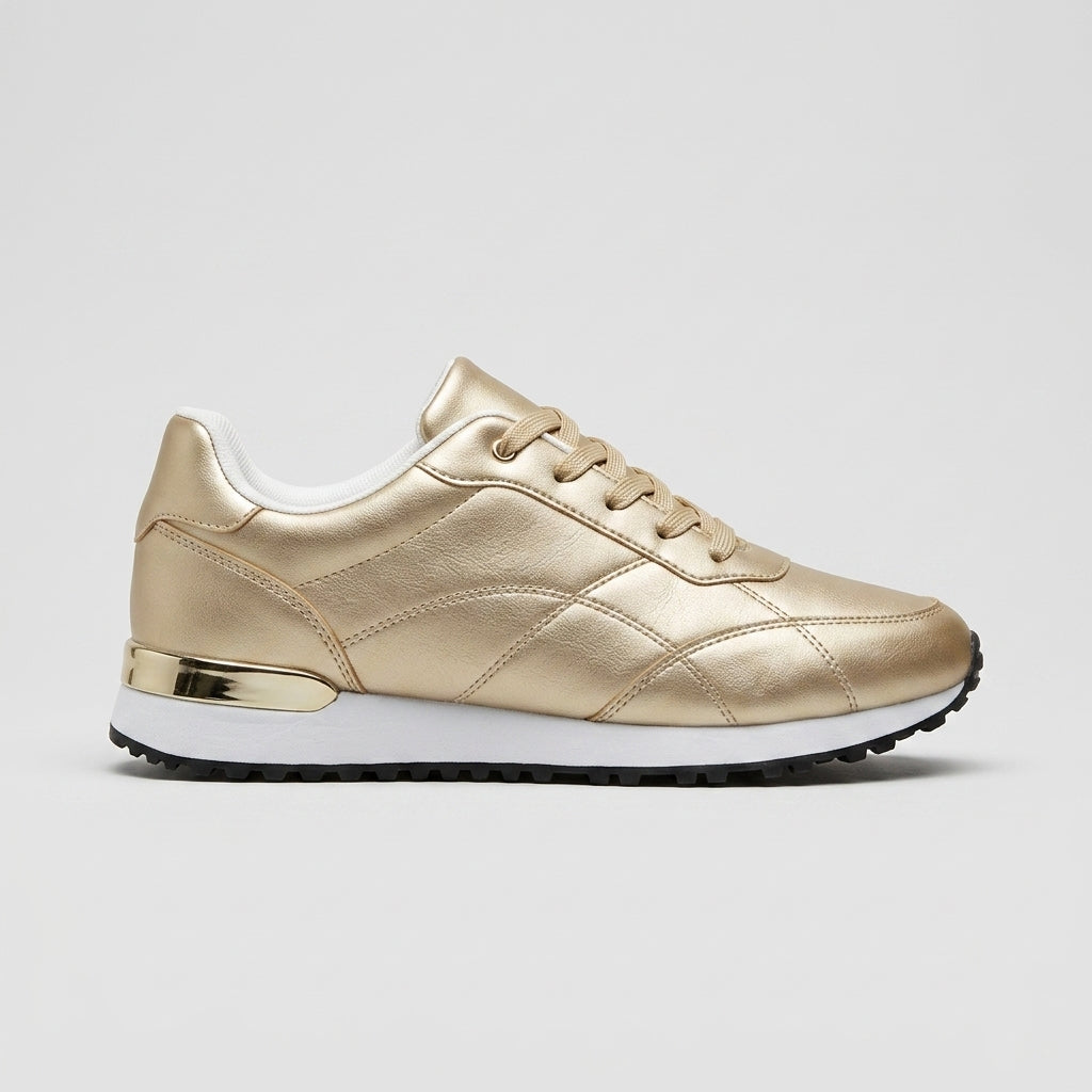 Women's Lace-Up Low-Top Sneakers with Smooth Upper and Metallic Heel Trim