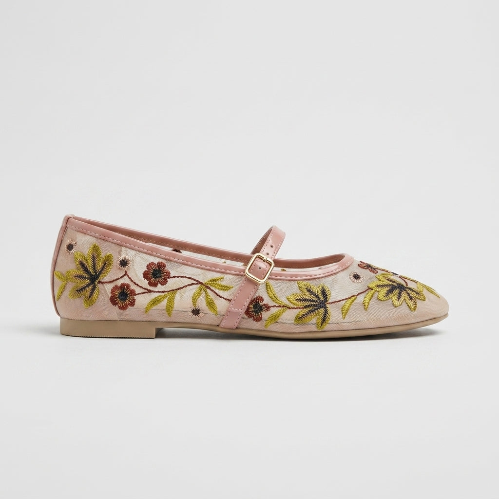 Women's Flats Mary Jane Embroidered Floral Mesh Ankle Strap