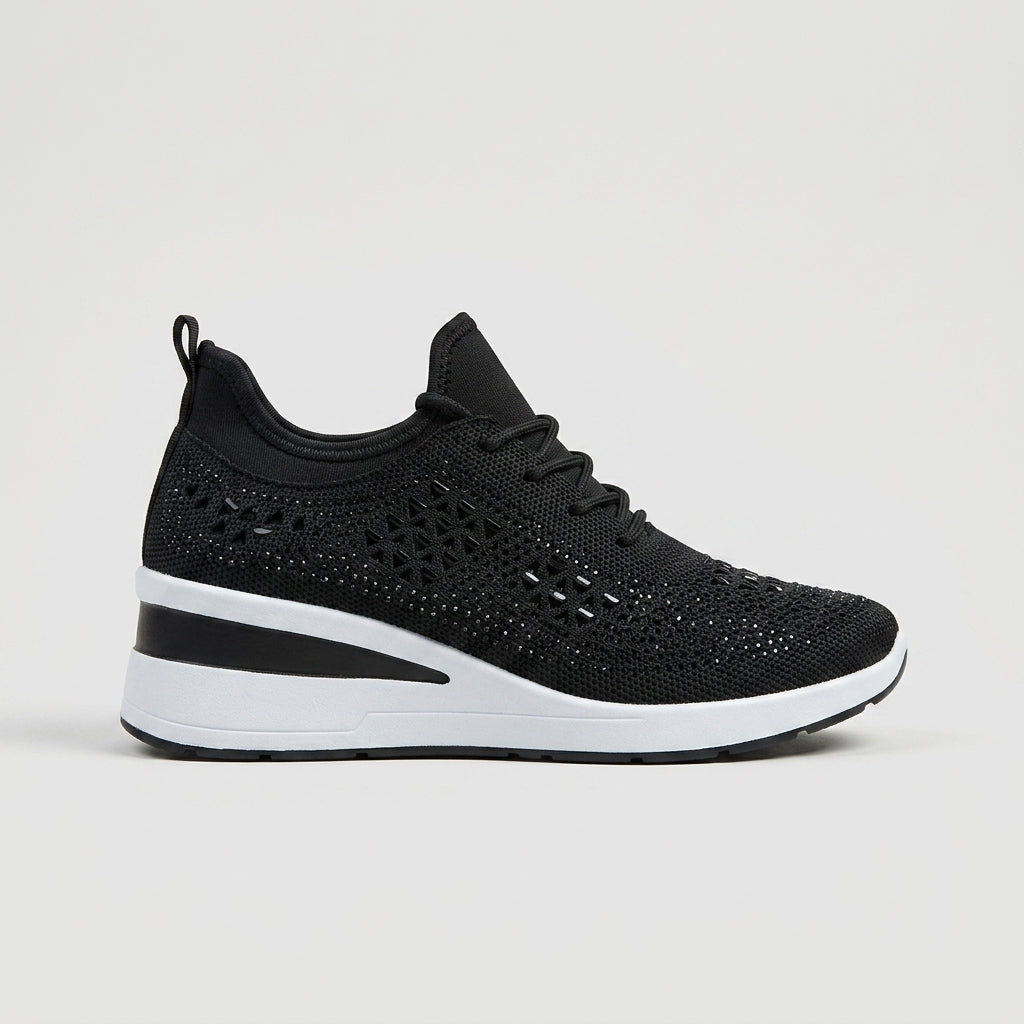 Women's Knit Lace-Up Sneakers - Rhinestone Detail With Wedge Sole