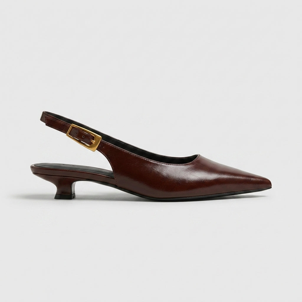 Women's Kitten Heels - Pointed Toe Slingback Pumps - Gold-Tone Buckle Strap