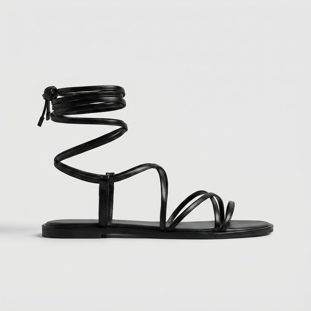 Women's Lace-Up Flat Strappy Sandals - Square Toe - Multi-Strap Ankle Wrap - Zip