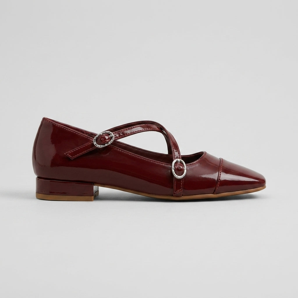 Women's Mary Jane Heels - Cross Strap - Square Toe - Low Block Heel
