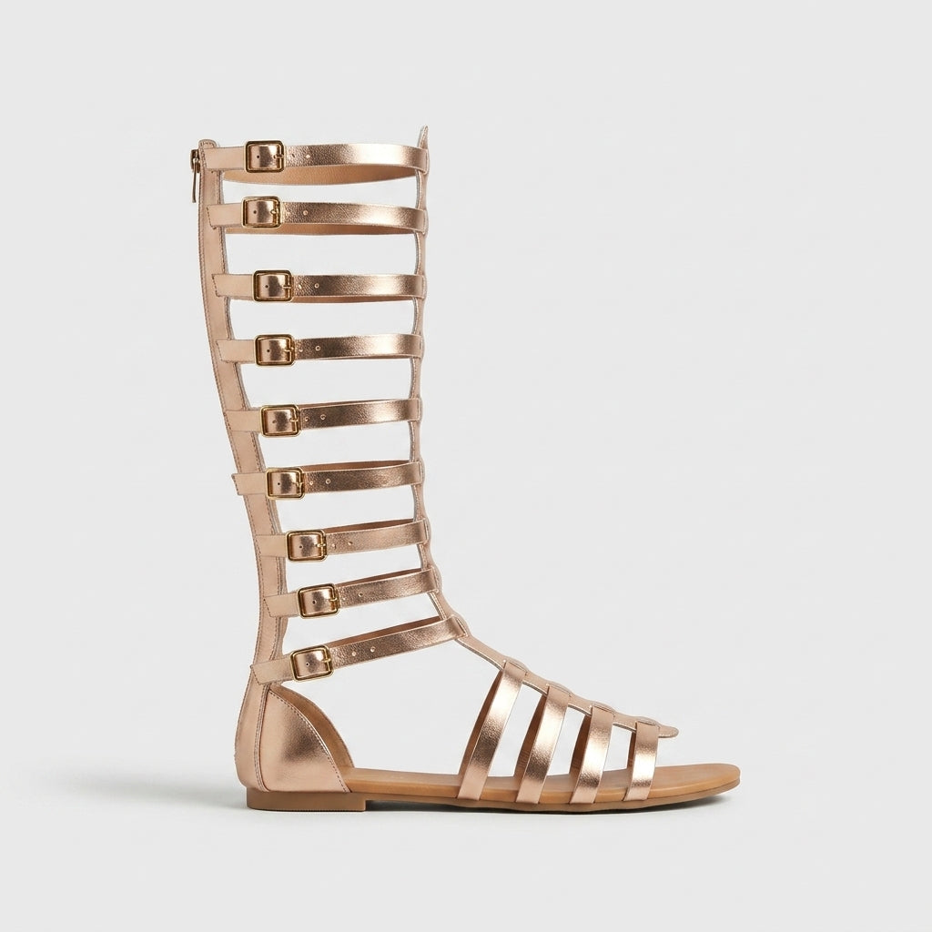 Women's Gladiator Sandals Knee-High Multi-Buckle Flat Sole